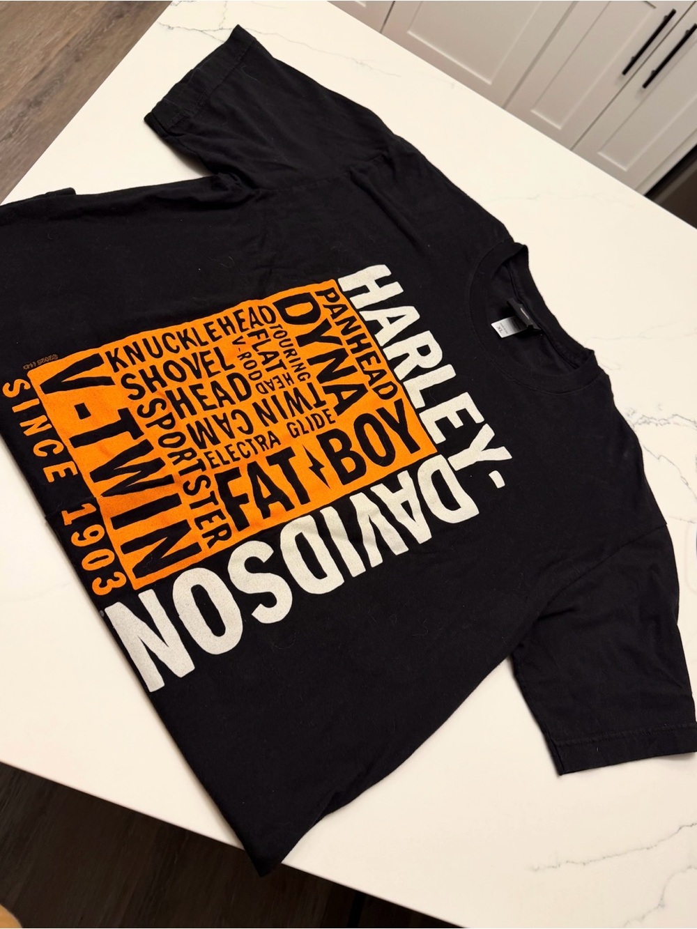 Harley-Davidson Black T-Shirt with Orange & White Fat Boy Graphic